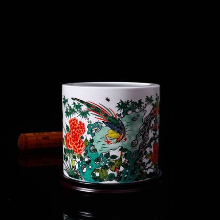瓷拍 景德鎮(zhèn)制辦公用品中國陶瓷藝術(shù)大師藍國華錦上添花筆筒